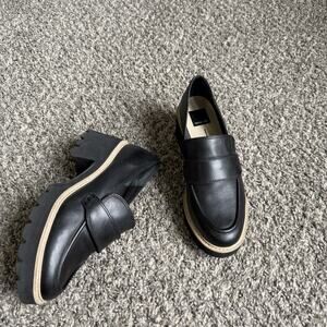 Dolce Vita Womens Black Leather Loafer Pumps Size 8 Block Heel Lug Sole Chunky